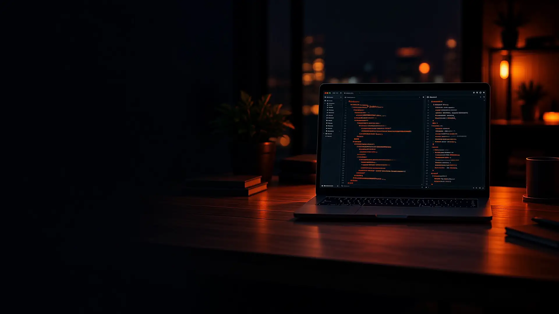 Kamerafahrt auf einen Laptop mit Quellcode, aus dem beim Scrollen eine fertige Website wird.