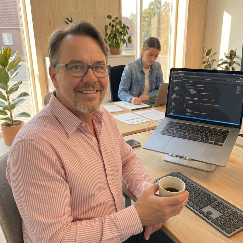 Oliver Deppe von 2FOX4 im Büro in Sachsenhagen — Kaffee in der Hand, Assistentin am Laptop. Echte Menschen, mit denen du dich gerne unterhältst.