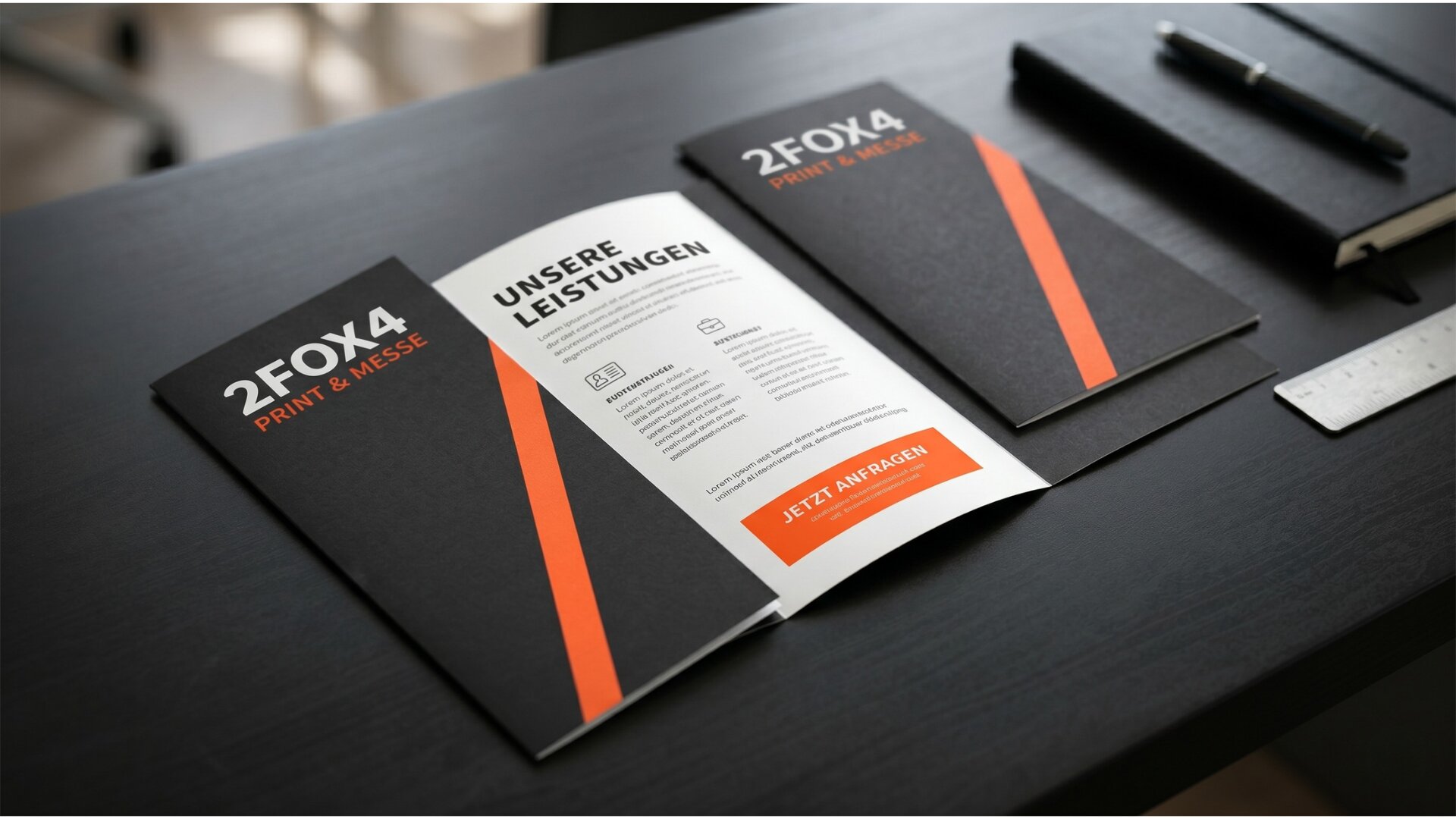 Drei DIN-lang-Flyer von 2fox4 auf schwarzem Designer-Schreibtisch — schwarze Cover mit orangenem Akzentstreifen, geöffneter Mittelflyer mit Layout und Call-to-Action