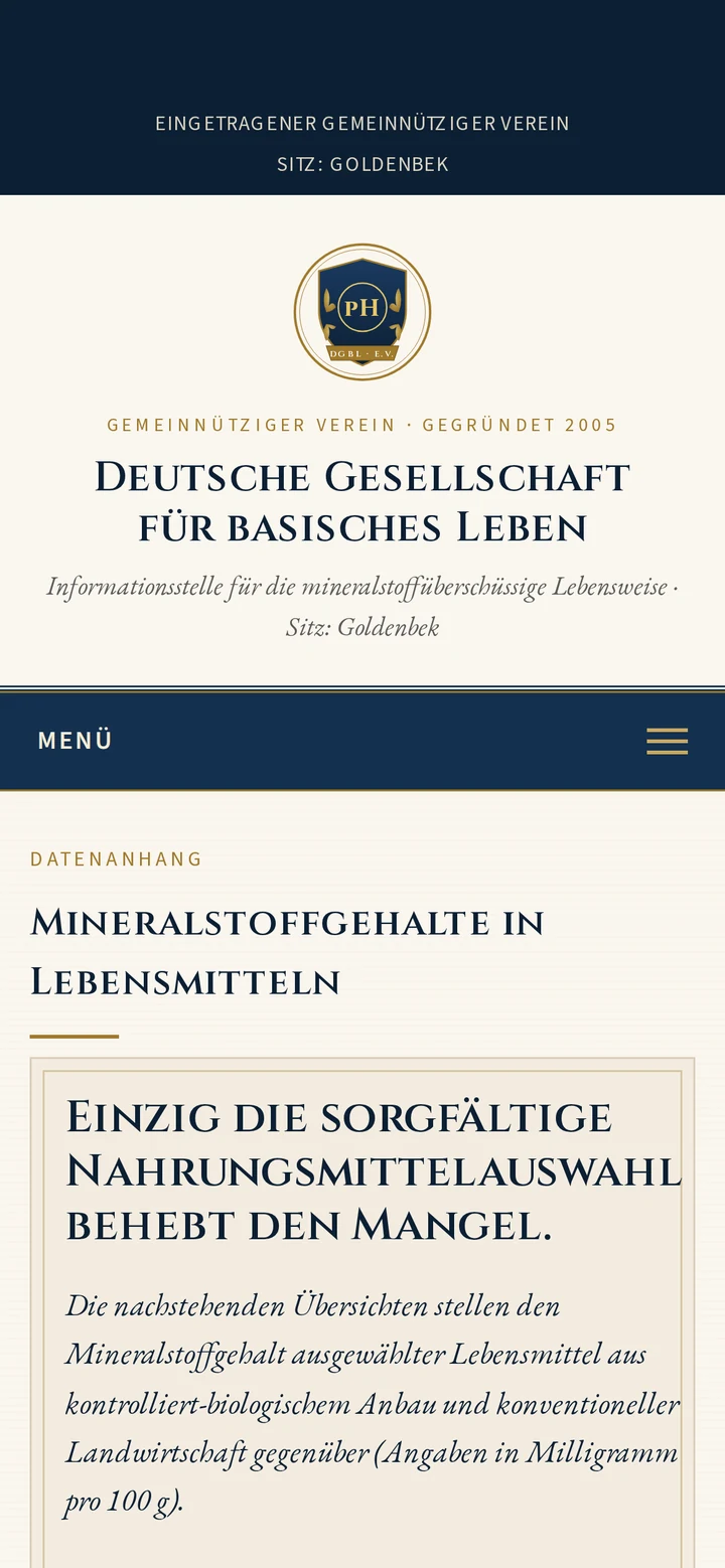 Deutsche Gesellschaft für basisches Leben auf dem Smartphone: Mineralstofftabellen