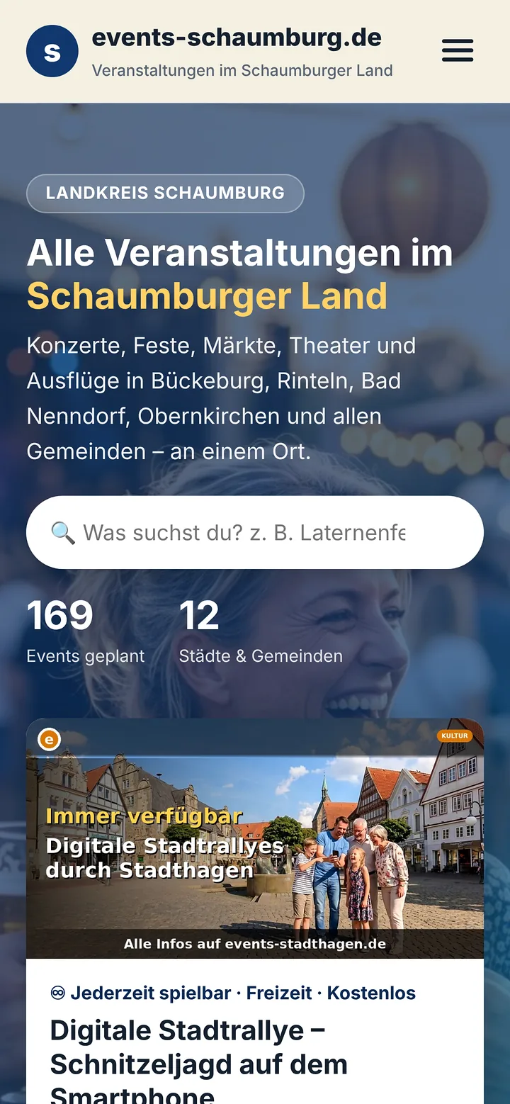 Events Schaumburg auf dem Smartphone: Startseite