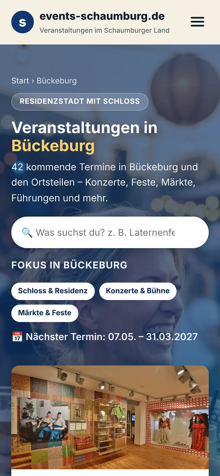 Events Schaumburg auf dem Smartphone: Ortsseite Bückeburg