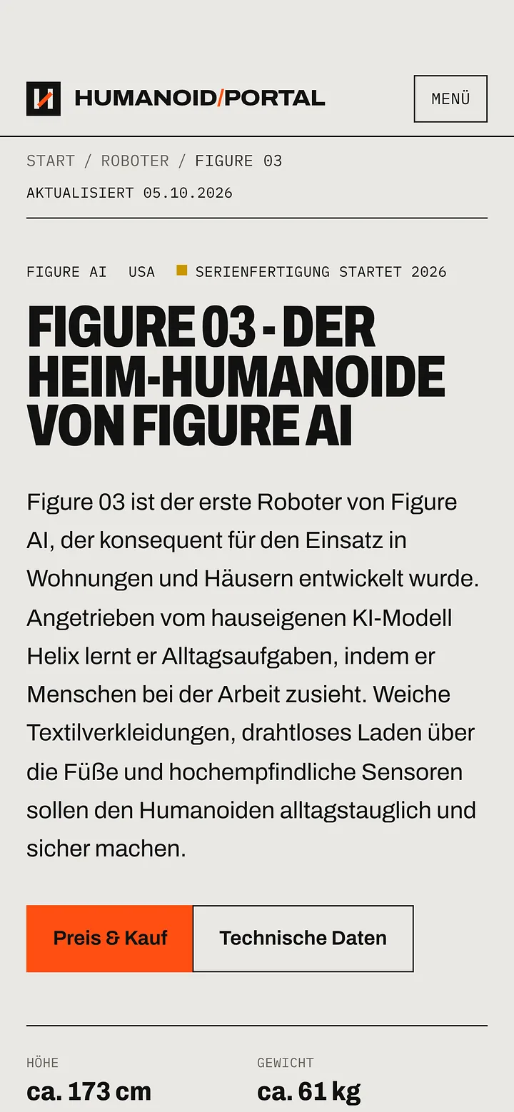 Humanoid-Portal auf dem Smartphone: Modellseite Figure 03