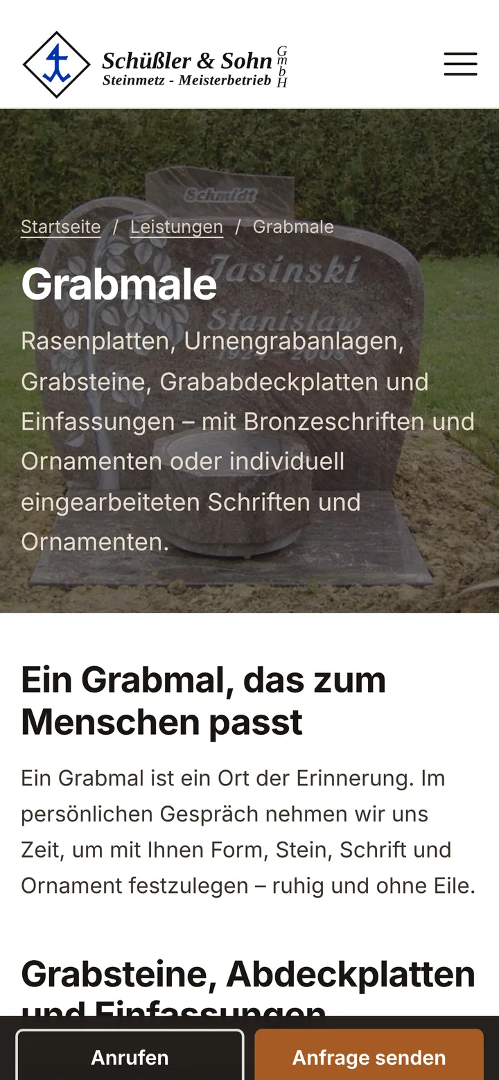 Schüßler & Sohn auf dem Smartphone: Leistungsseite Grabmale