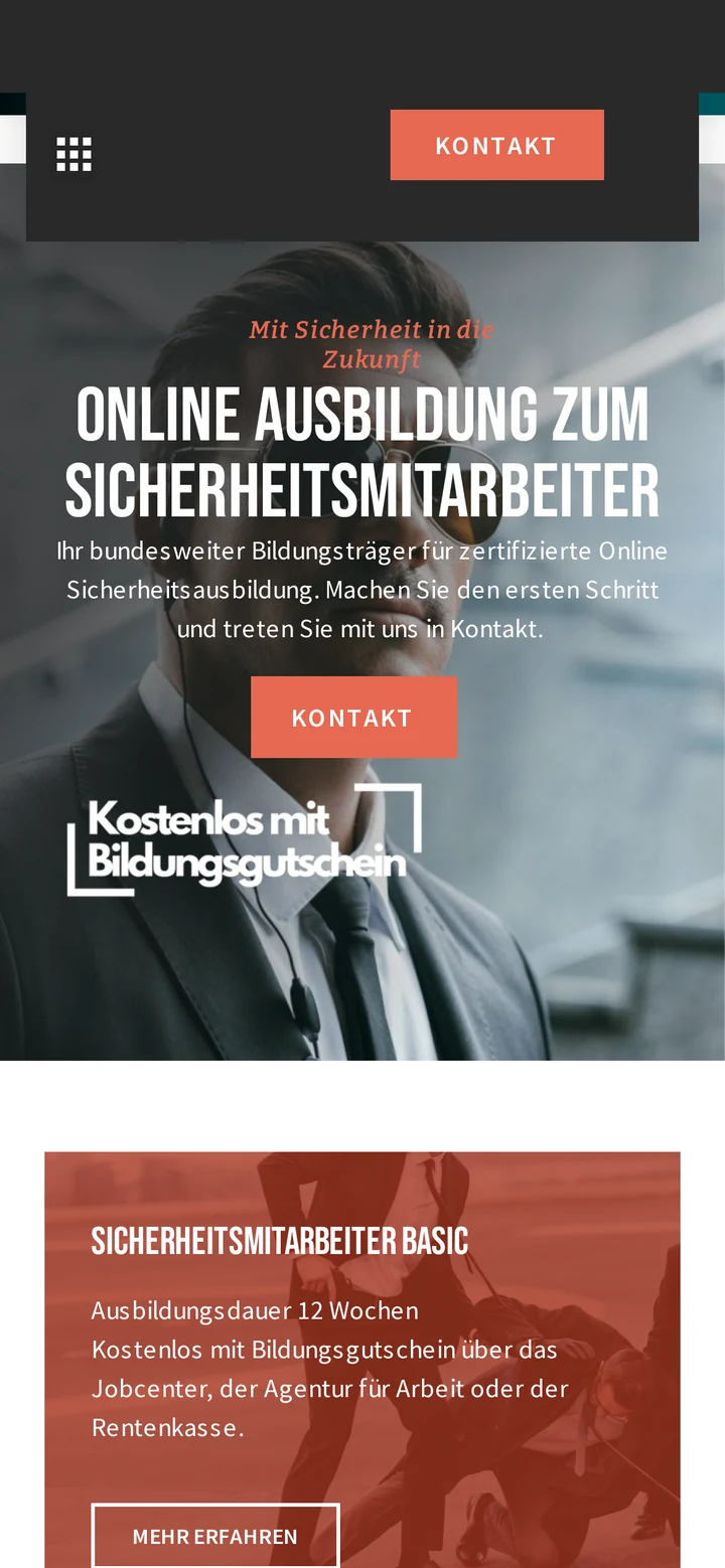 Schule für Sicherheitsmitarbeiter auf dem Smartphone: Startseite