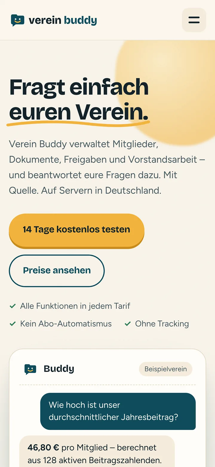 Verein Buddy auf dem Smartphone: Startseite