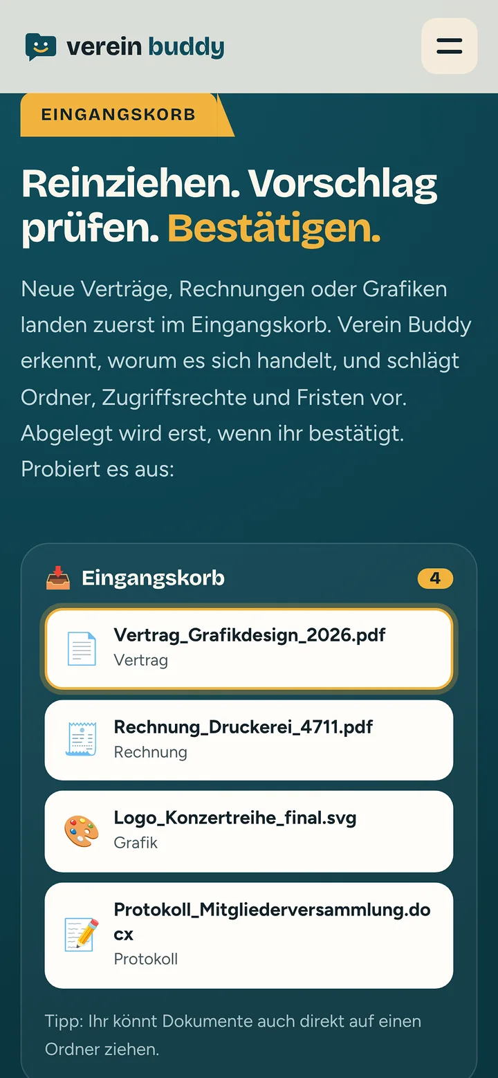 Verein Buddy auf dem Smartphone: Eingangskorb mit Demo