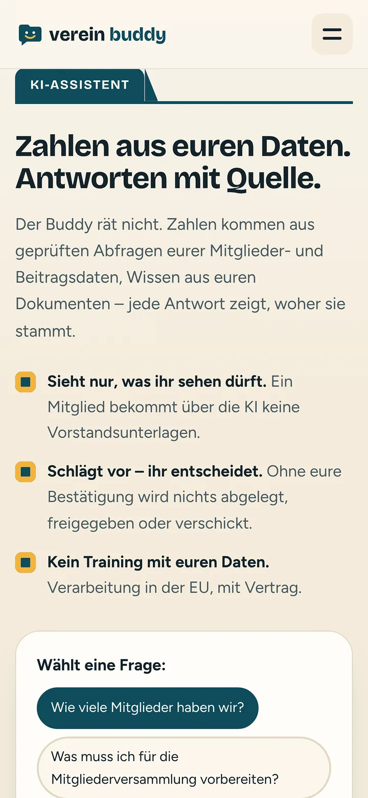 Verein Buddy auf dem Smartphone: KI-Assistent mit Quellen
