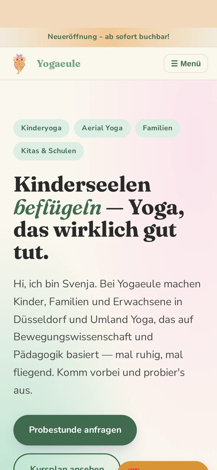 Yogaeule auf dem Smartphone: Startseite