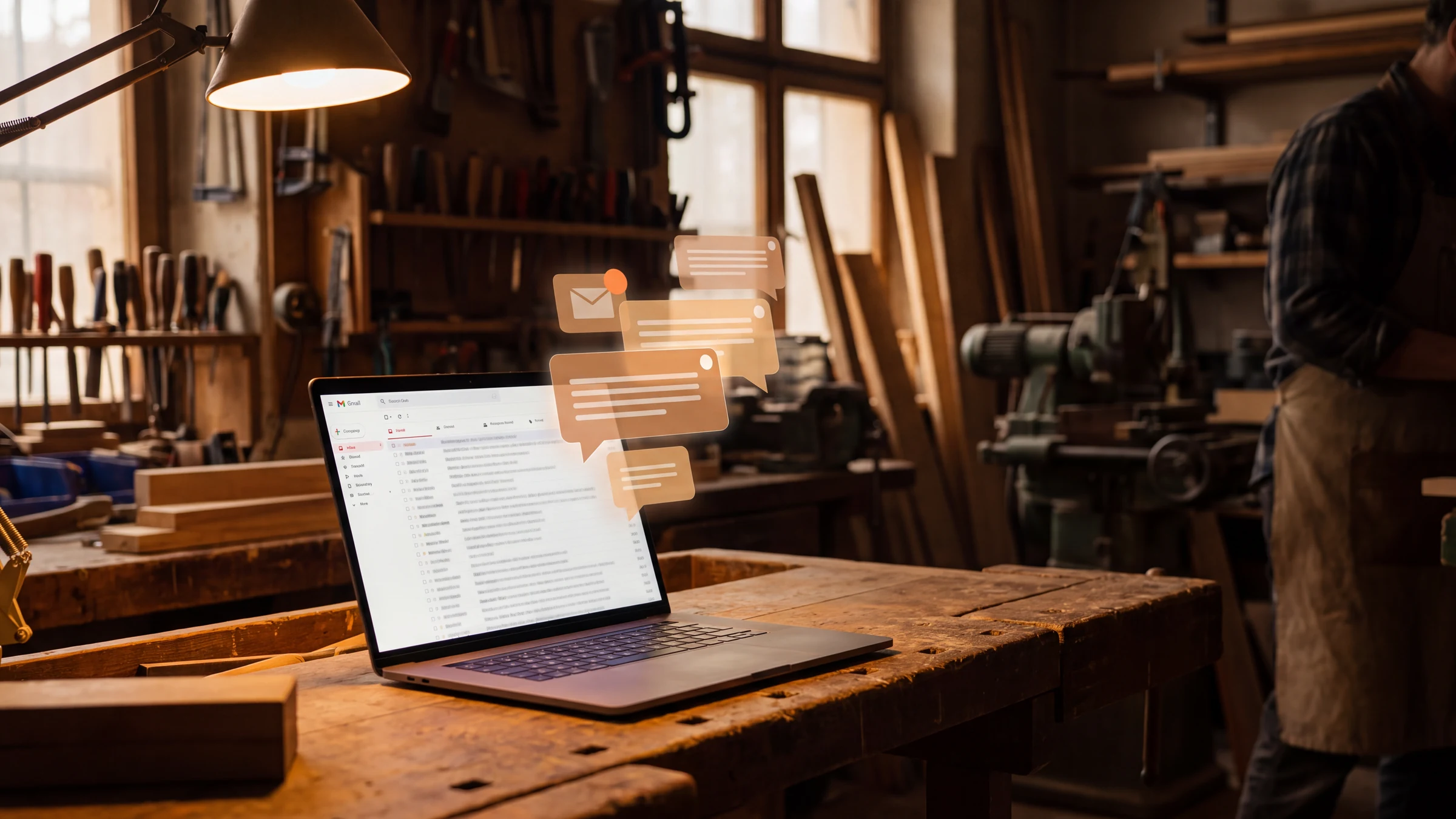 E-Mail-Anfragen mit KI beantworten: Postfach eines kleinen Unternehmens mit KI-Assistent am Schreibtisch