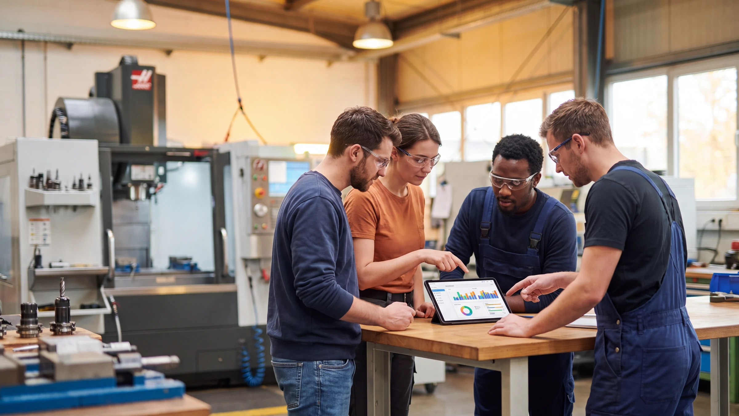KI im Unternehmen einführen: Team eines kleinen Betriebs plant den Weg vom KI-Pilotprojekt in den Arbeitsalltag