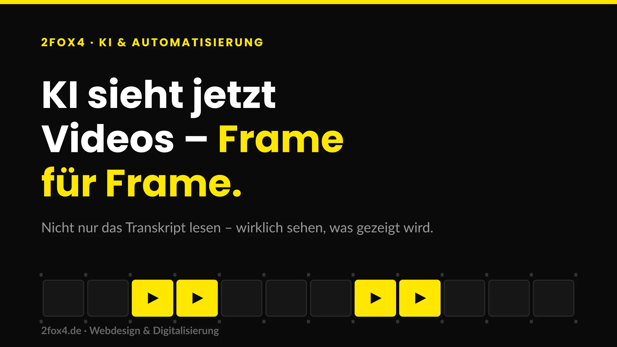 KI Videos verstehen – Filmstreifen-Grafik im 2fox4-Stil: KI sieht Videos Frame für Frame