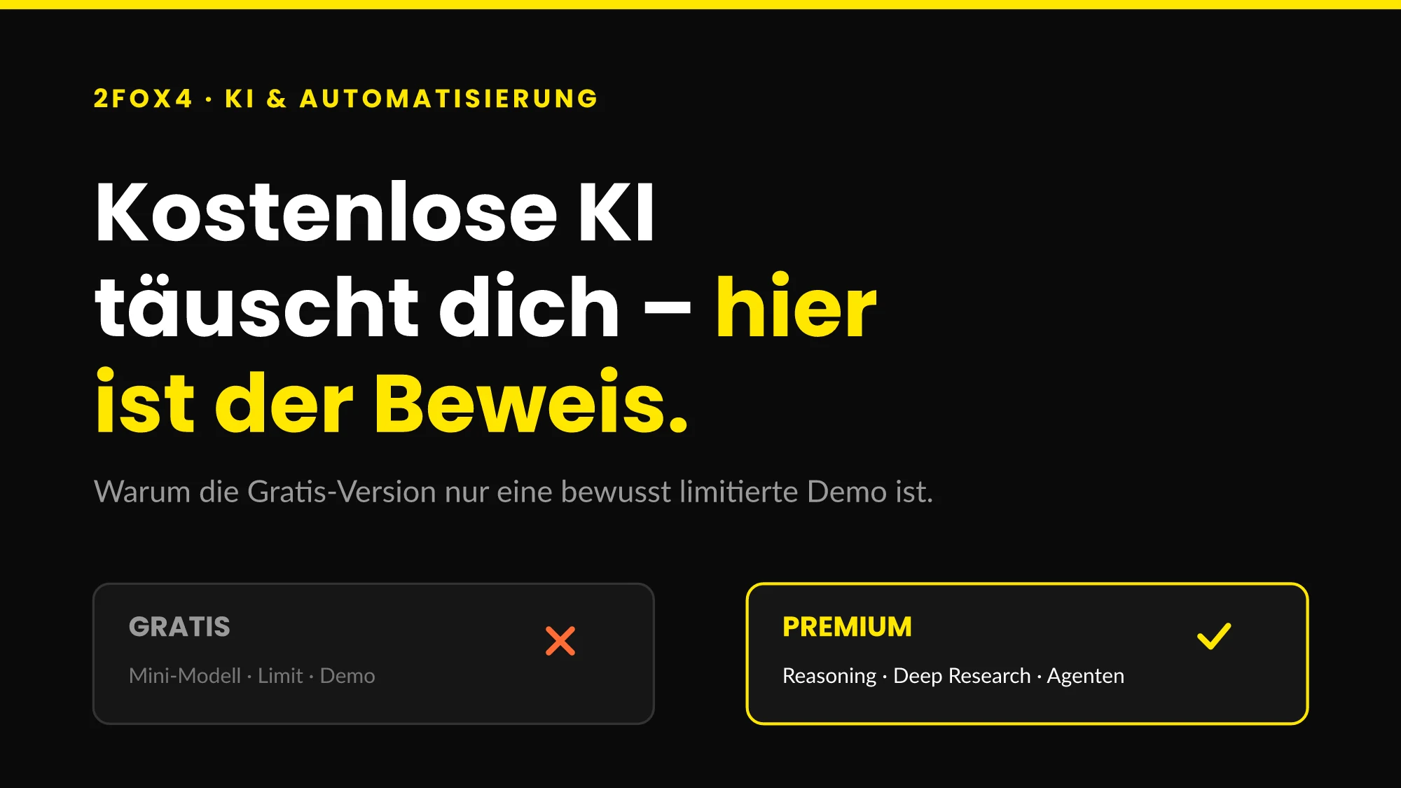 Kostenlose vs. bezahlte KI-Tools 2026 – 2fox4-Grafik mit Gratis- und Premium-Karte im Vergleich
