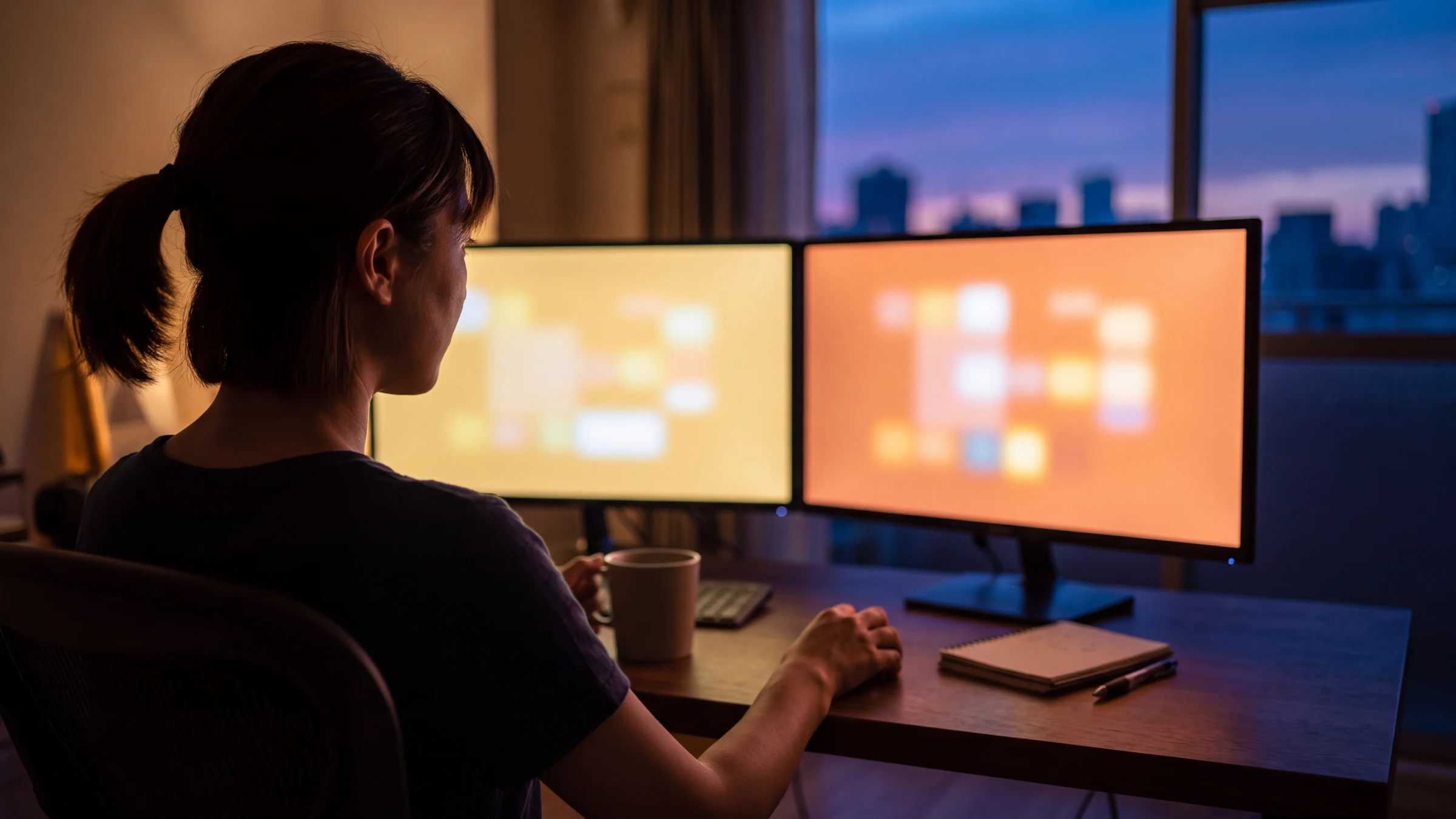 PHP-Version aktualisieren: Frau prüft abends am Schreibtisch ihre WordPress-Website auf zwei Monitoren