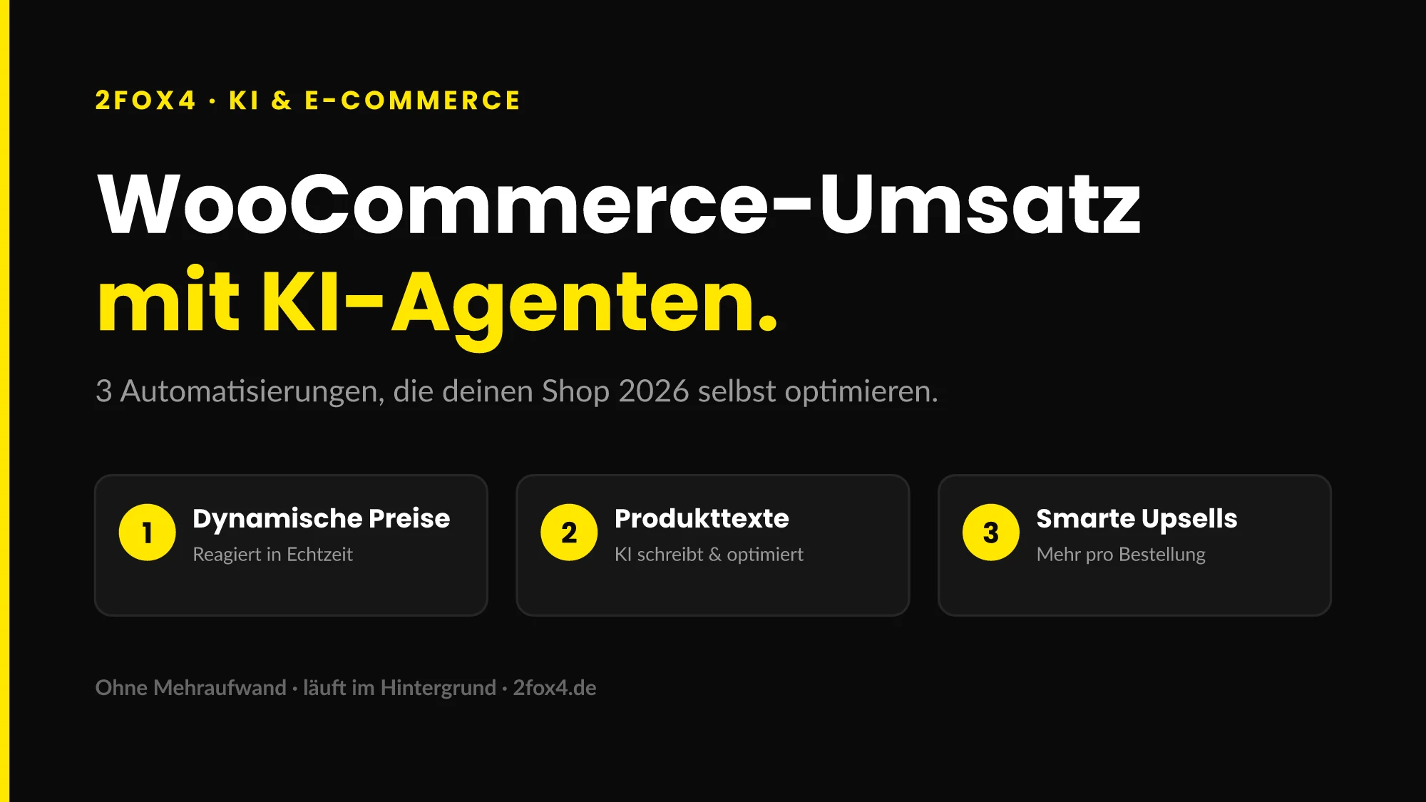 WooCommerce-Umsatz mit KI-Agenten – 2fox4-Grafik: dynamische Preise, Produkttexte und smarte Upsells