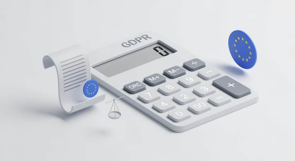 DSGVO-Bußgeld-Rechner Interface mit neumorphen Calculator-Elementen und EU-Datenschutz-Symbolen