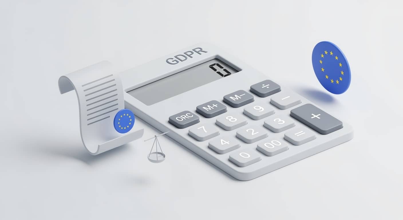 DSGVO-Bußgeld-Rechner Interface mit neumorphen Calculator-Elementen und EU-Datenschutz-Symbolen