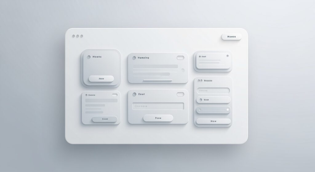Neumorphismus Webdesign Konzept mit weichen UI-Elementen und subtilen Schatten auf modernem Interface