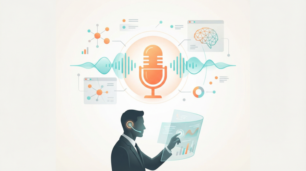 Genspark Speakly kostenlos KI-Sprachassistent mit Mikrofon und digitalen Soundwellen für moderne Business-Kommunikation
