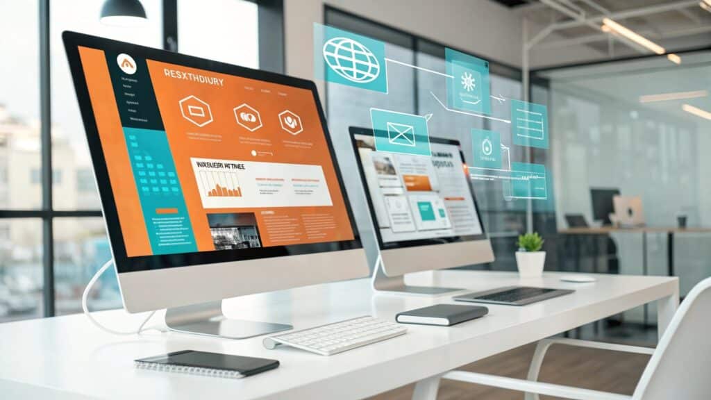 Webdesign 2026 moderner Workspace mit futuristischen Computer-Screens und holografischen UI-Elementen