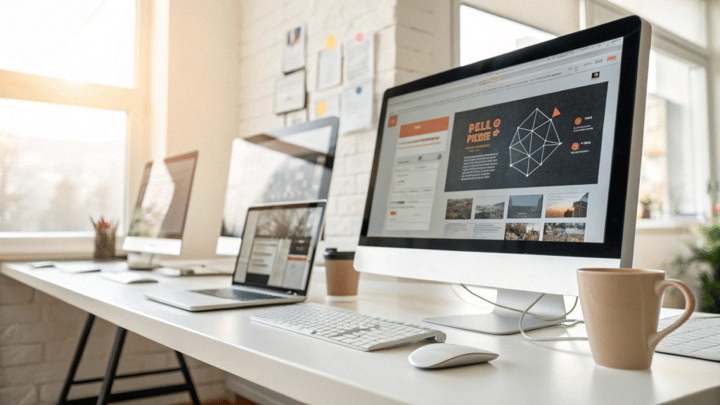 Beruf Webdesigner 2026 professioneller Arbeitsplatz mit mehreren Monitoren und Webdesign-Interfaces