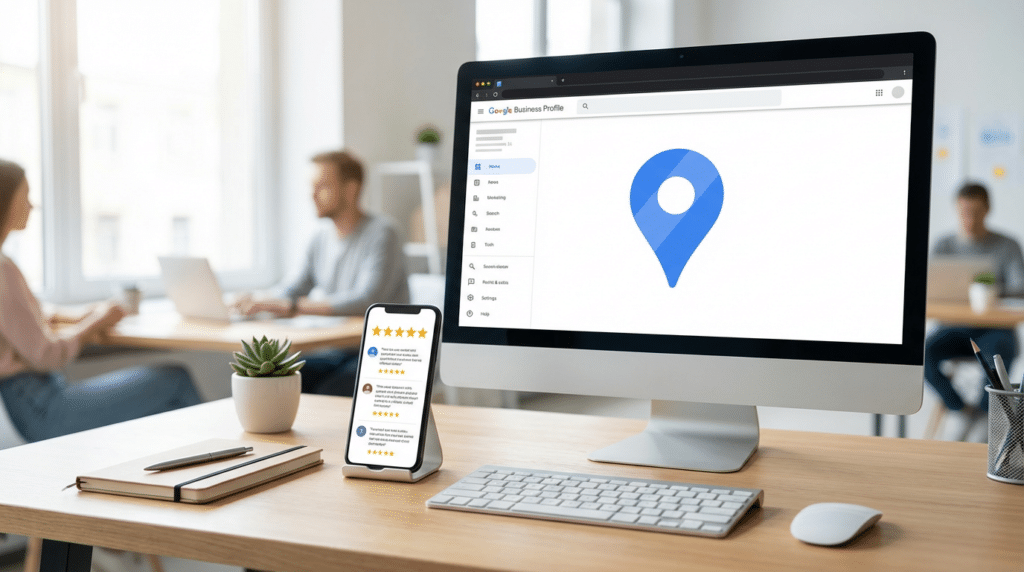 Google Business Profile kostenlos auf Computer und Smartphone mit 5-Sterne-Bewertungen und Google Maps Marker