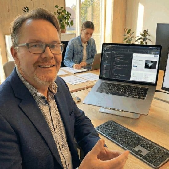 Mann am Computer, Frau im Hintergrund.