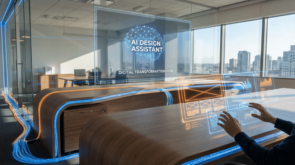 KI revolutioniert Webdesign 2026 – moderner Workspace mit futuristischen Design-Interfaces und künstlicher Intelligenz