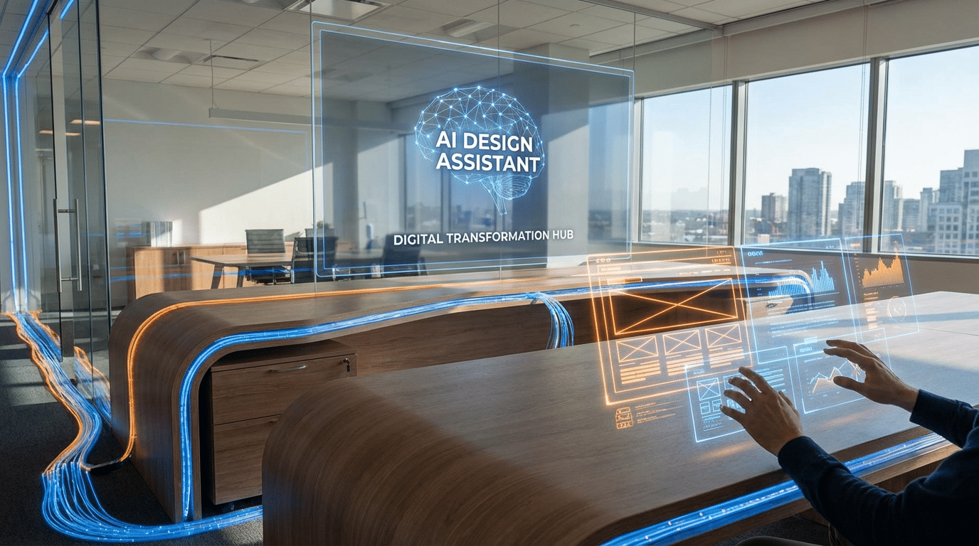 Der Aufstieg des E-Commerce: Digitale Medien und der Wandel des Handels 1 KI revolutioniert Webdesign 2026 – moderner Workspace mit futuristischen Design-Interfaces und künstlicher Intelligenz