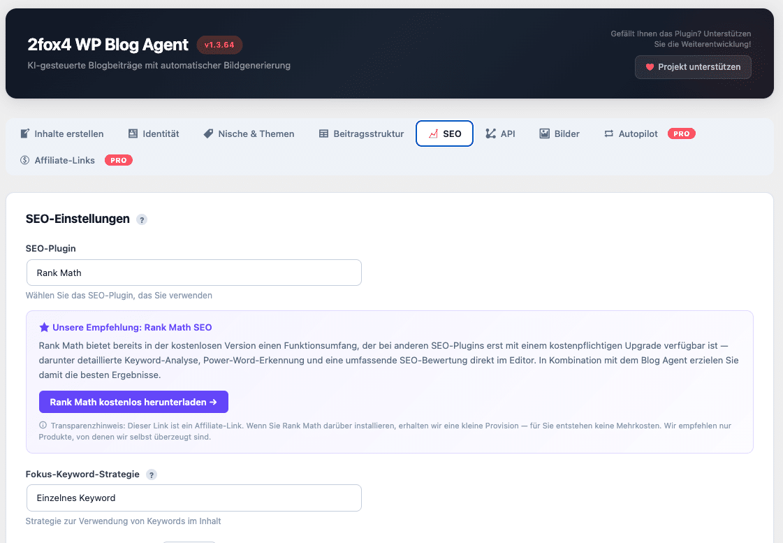 Blog Agent SEO-Einstellungen