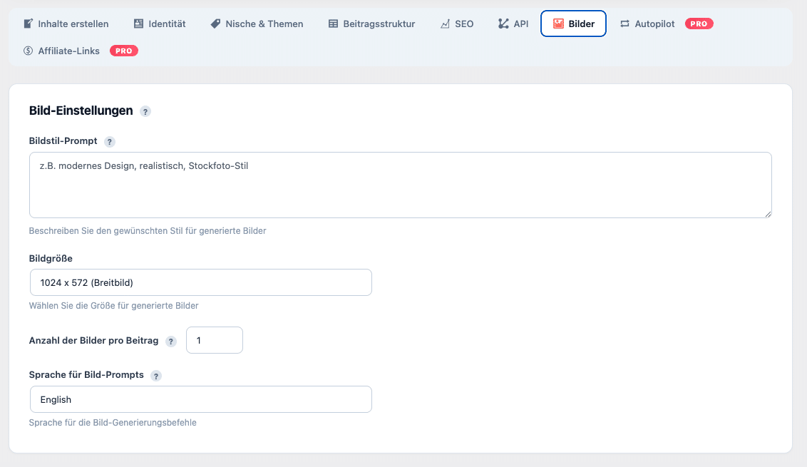 Blog Agent Bild-Einstellungen