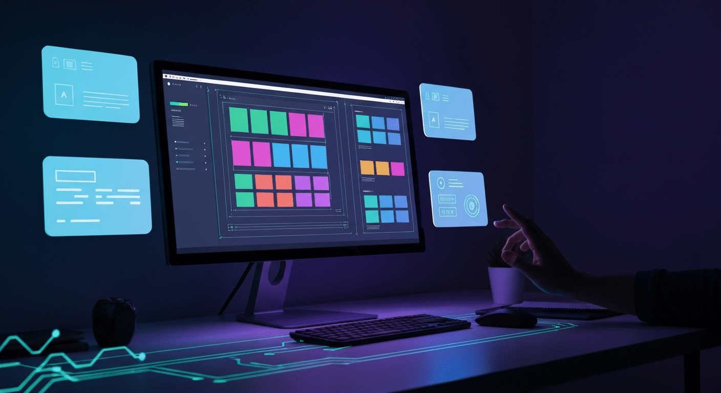 Infografik zu den wichtigsten KI-Trends im Webdesign 2026 mit futuristischem Design
