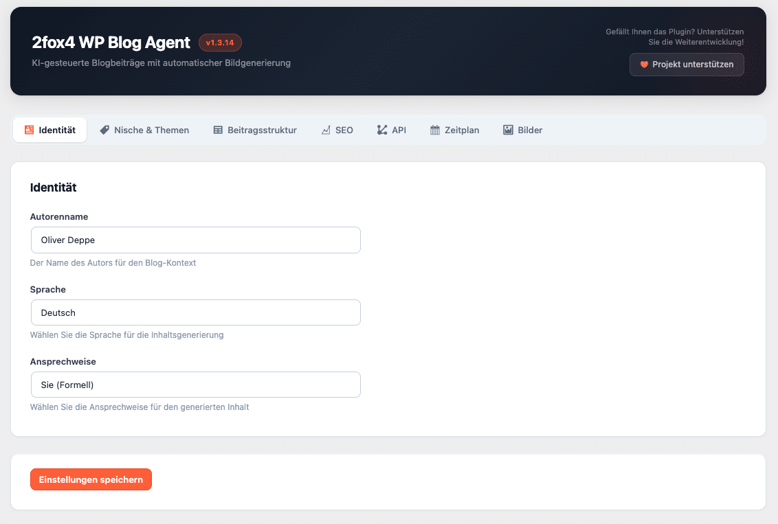 2fox4 WP Blog Agent – Grundeinstellungen im WordPress Backend