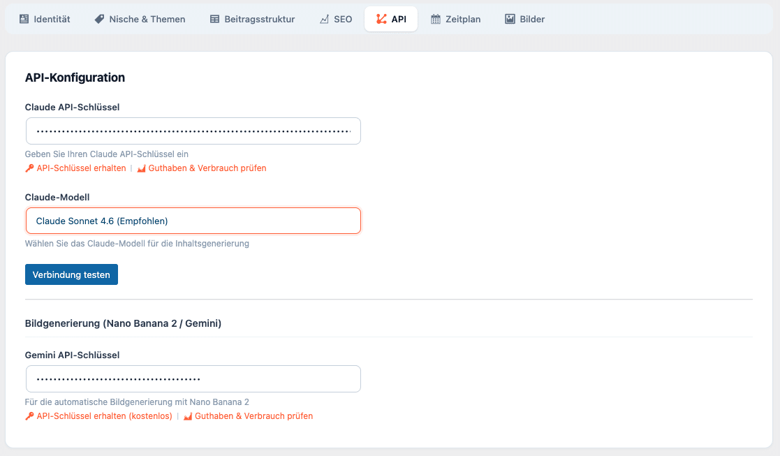WP Blog Agent API-Einstellungen – Anthropic Claude und Google Imagen Keys