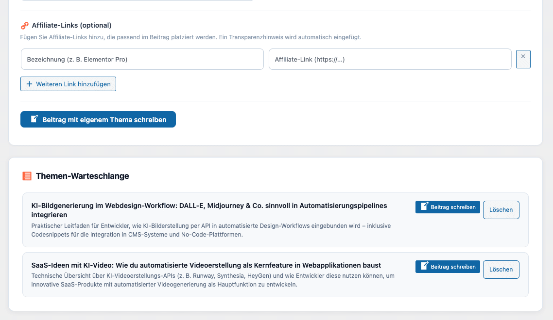 WP Blog Agent Themen-Warteschlange – vom Topic Scout vorgeschlagene Artikel