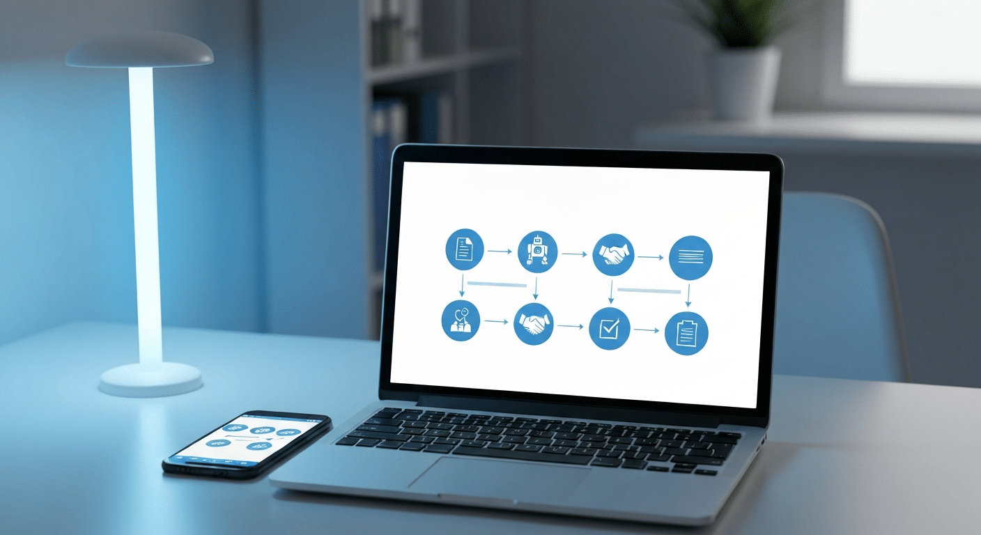 Automatischer WordPress Workflow für Rechnungsstellung in 5 Stufen Diagramm
