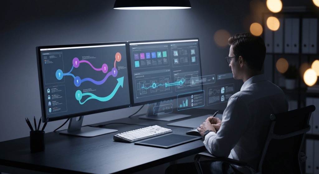 Automatisierung von Geschäftsprozessen im Webdesign mit digitalen Workflow-Tools auf einem Bildschirm