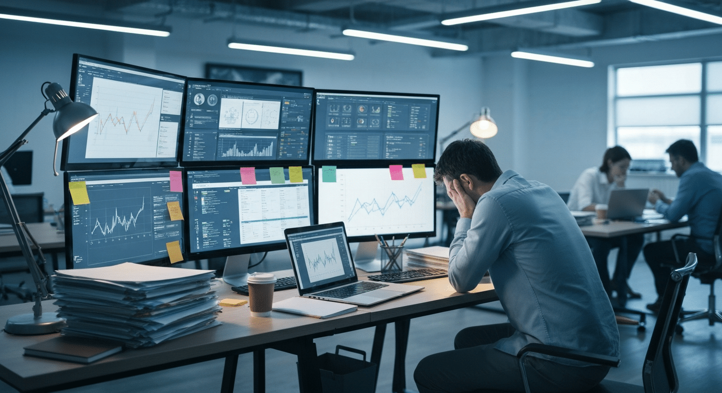 Geschäftsmann analysiert KI-Mythen zur Arbeitszeitersparnis auf digitalem Dashboard