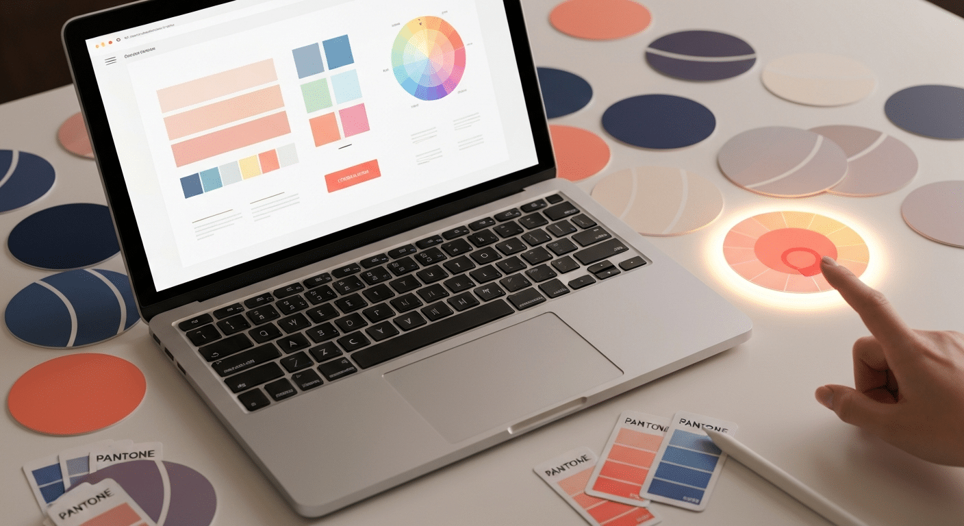 KI Farbdesign Webdesign Tool zeigt psychologisch optimierte Farbpalette auf Bildschirm