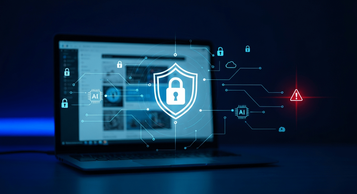 Datenschutz-Symbol mit Schloss neben WordPress-Logo und KI-Tools-Icons 2026