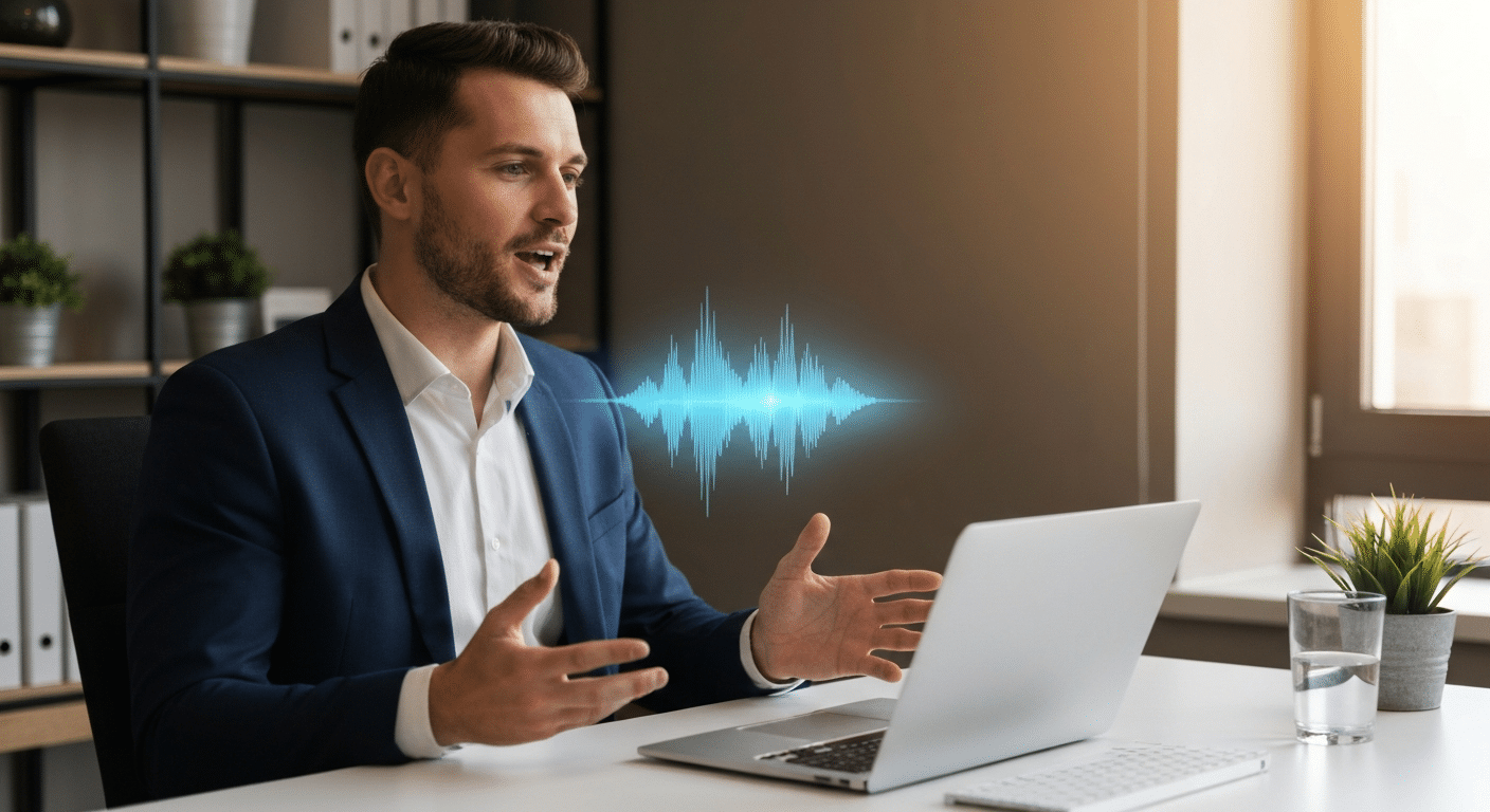 Person nutzt Spracheingabe Software am Computer um Zeit zu sparen