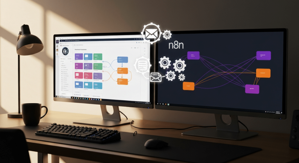 n8n WordPress Automatisierung Dashboard mit 7-Schritte-Workflow-Diagramm für Geschäftsprozesse