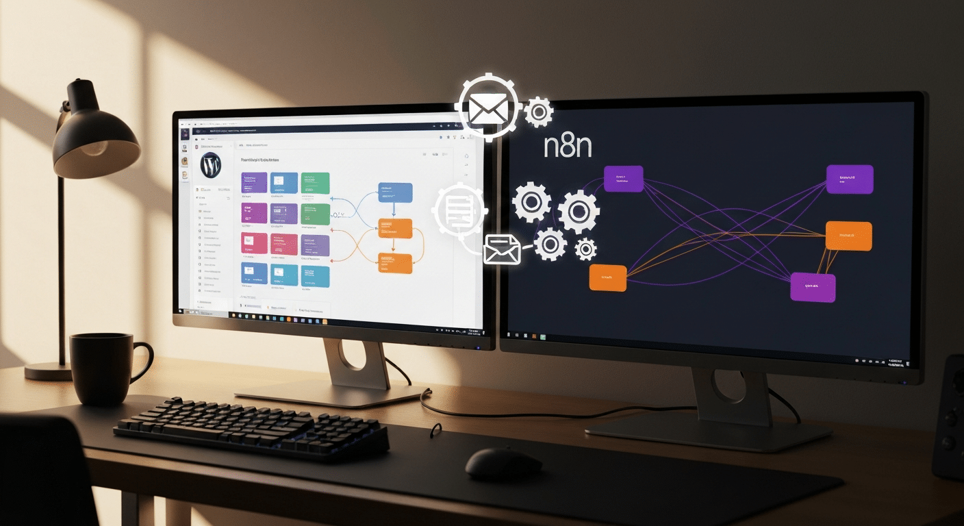 n8n WordPress Automatisierung Dashboard mit 7-Schritte-Workflow-Diagramm für Geschäftsprozesse