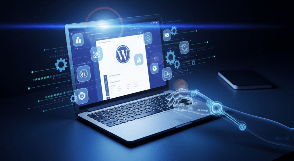 WordPress KI-Plugins 2026 Dashboard mit automatisierten Inhalten und Chatbot-Oberfläche