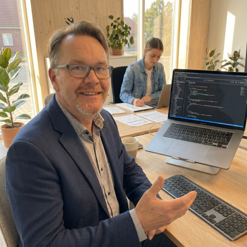 Oliver Deppe von 2FOX4 mit seiner Assistentin im Büro in Sachsenhagen — echte Menschen, mit denen du dich gerne unterhältst.